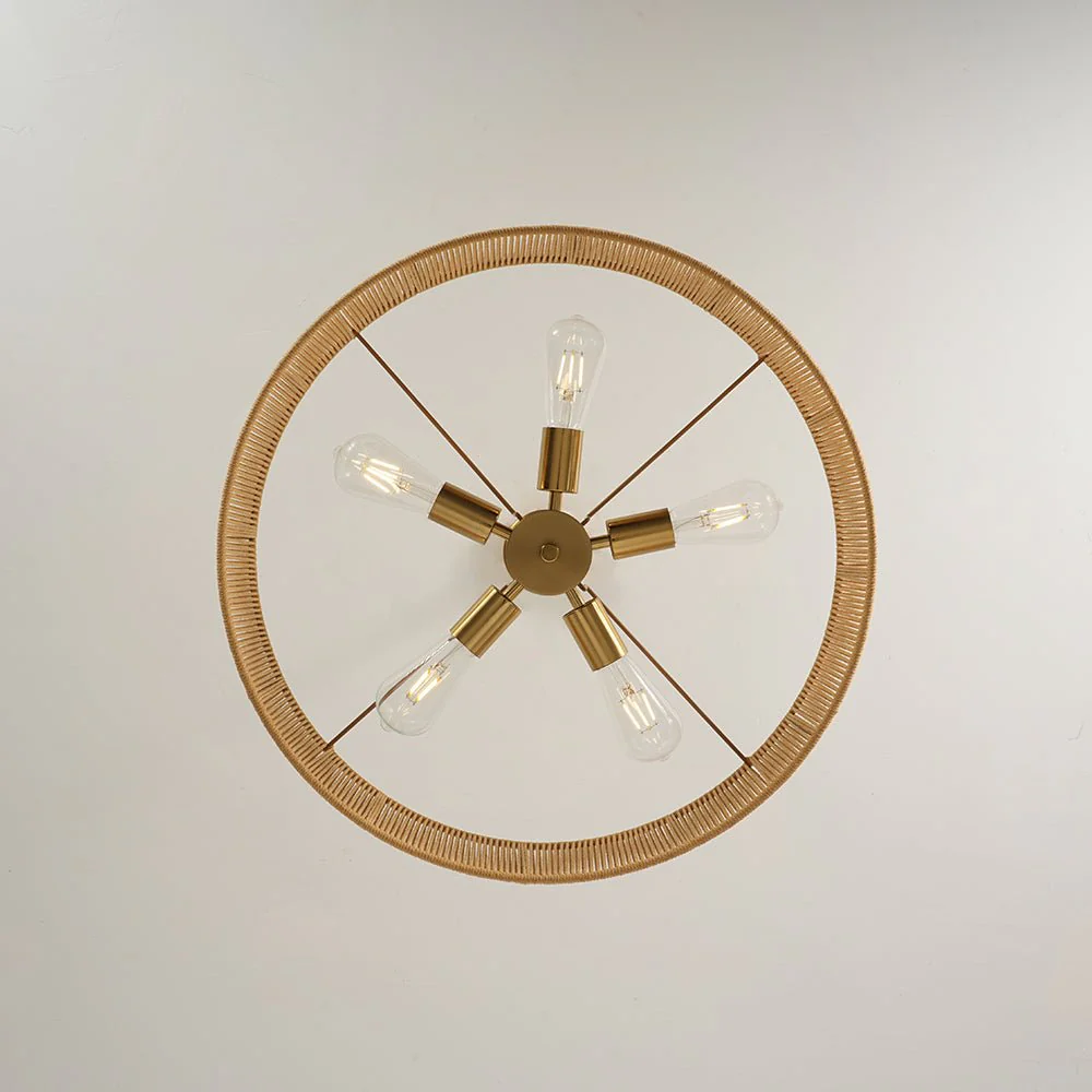 French Country Brown Woven Rope Wide Drum Semi Flush Chandelier - Image 18
