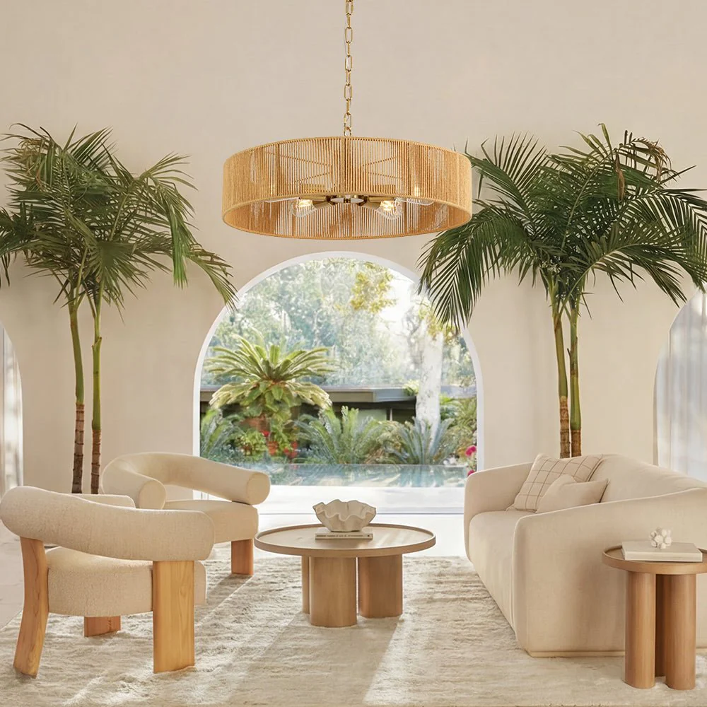 French Country Brown Woven Rope Wide Drum Semi Flush Chandelier - Image 2