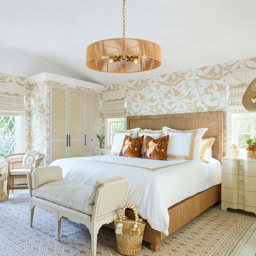French Country Brown Woven Rope Wide Drum Semi Flush Chandelier - Image 3