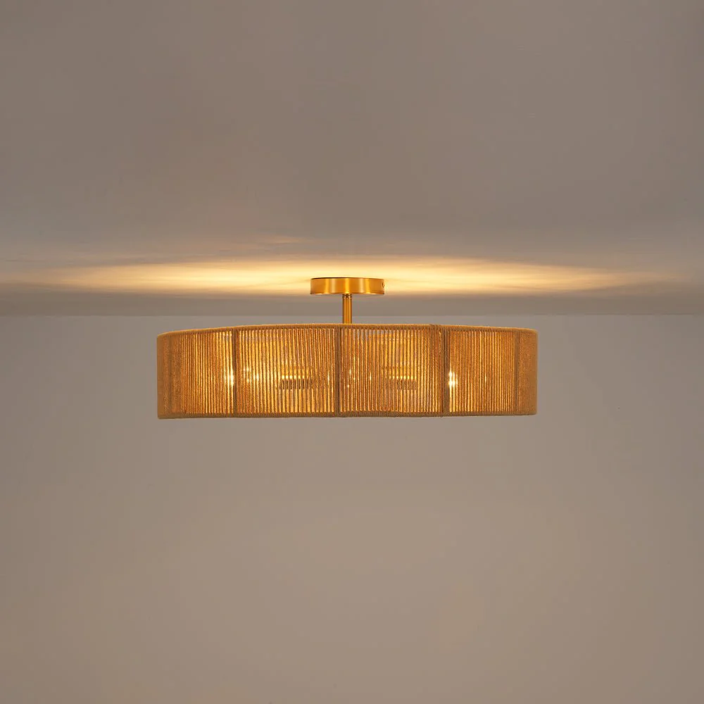French Country Brown Woven Rope Wide Drum Semi Flush Chandelier - Image 4