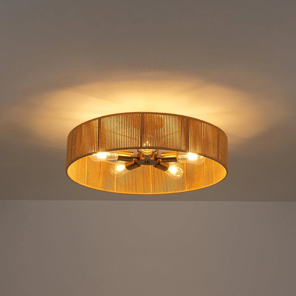 French Country Brown Woven Rope Wide Drum Semi Flush Chandelier - Image 5