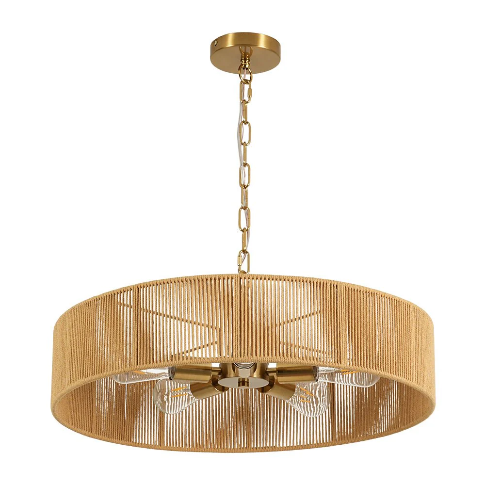 French Country Brown Woven Rope Wide Drum Semi Flush Chandelier - Image 6