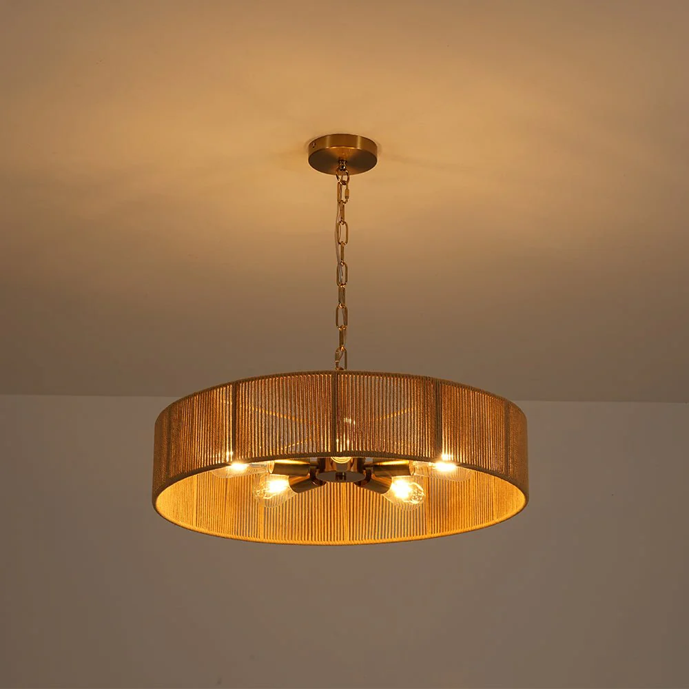 French Country Brown Woven Rope Wide Drum Semi Flush Chandelier - Image 7