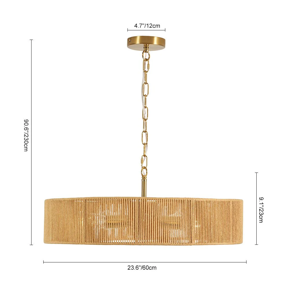 French Country Brown Woven Rope Wide Drum Semi Flush Chandelier - Image 8