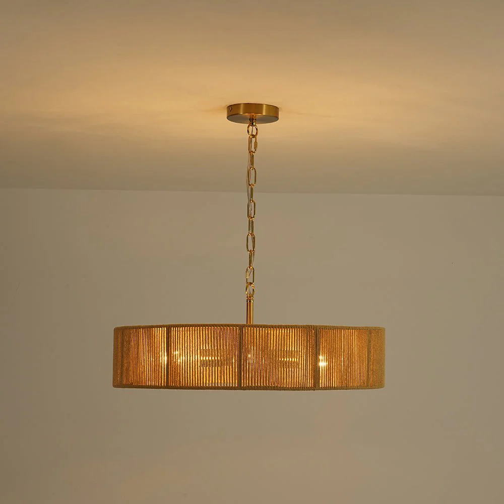 French Country Brown Woven Rope Wide Drum Semi Flush Chandelier - Image 9