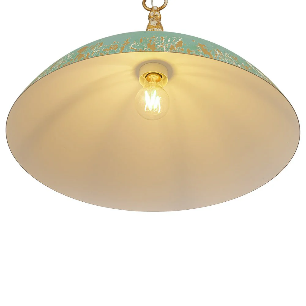 French Country Distressed Teal Gold Flat Dome Metal Pendant - Image 10