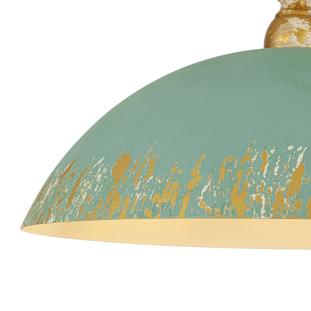 French Country Distressed Teal Gold Flat Dome Metal Pendant - Image 11