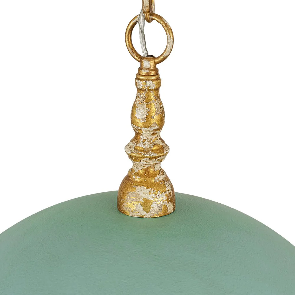 French Country Distressed Teal Gold Flat Dome Metal Pendant - Image 12