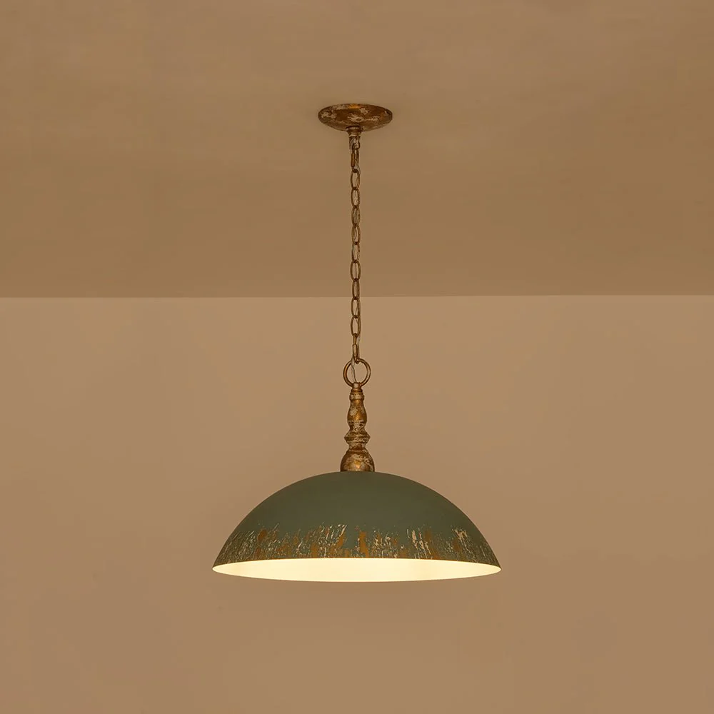 French Country Distressed Teal Gold Flat Dome Metal Pendant - Image 14