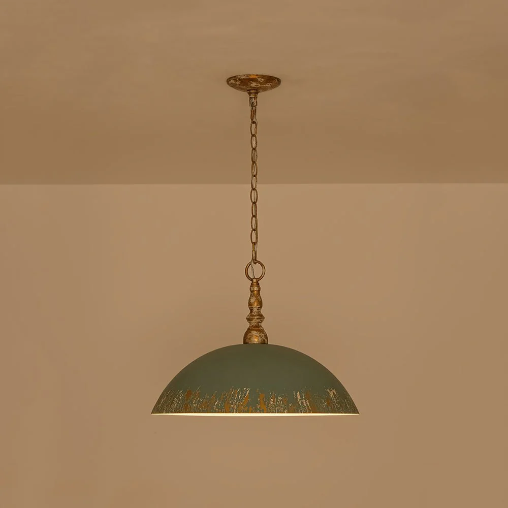 French Country Distressed Teal Gold Flat Dome Metal Pendant - Image 15