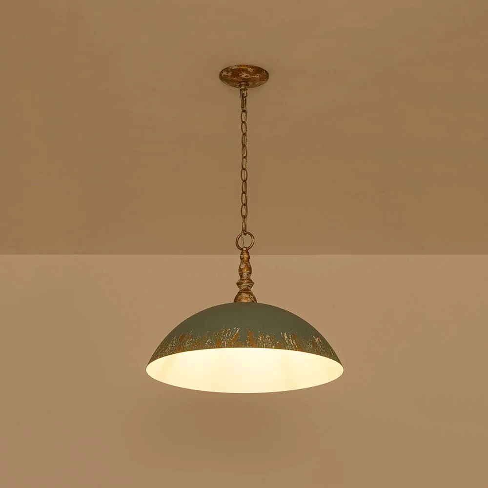 French Country Distressed Teal Gold Flat Dome Metal Pendant - Image 16
