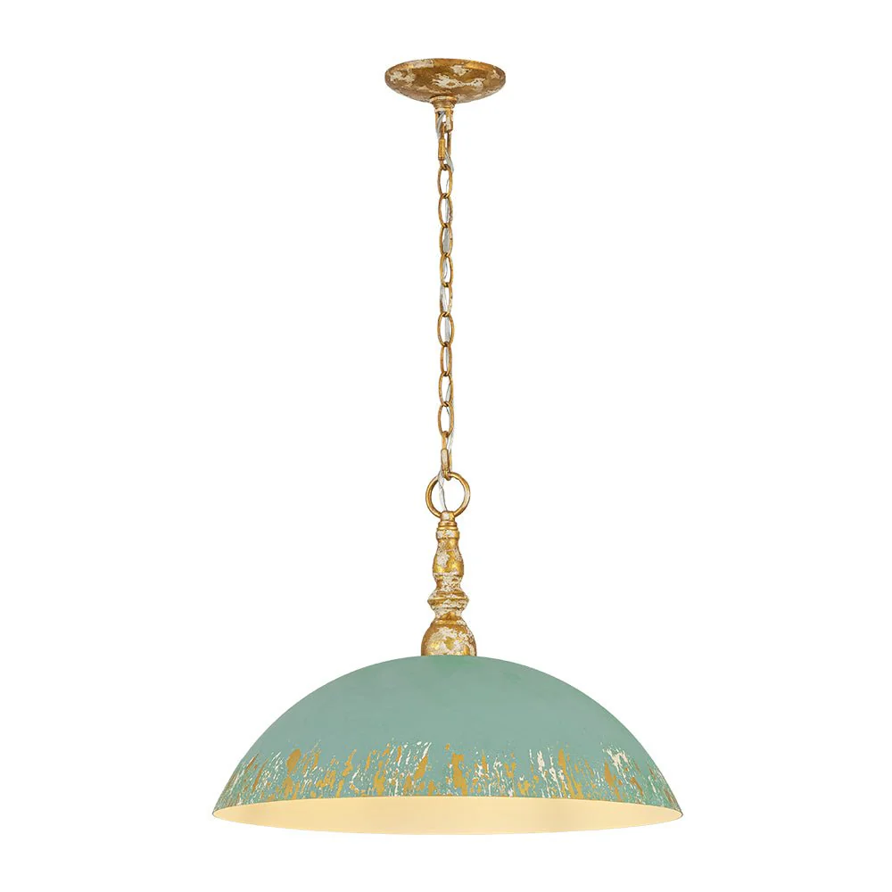 French Country Distressed Teal Gold Flat Dome Metal Pendant - Image 3