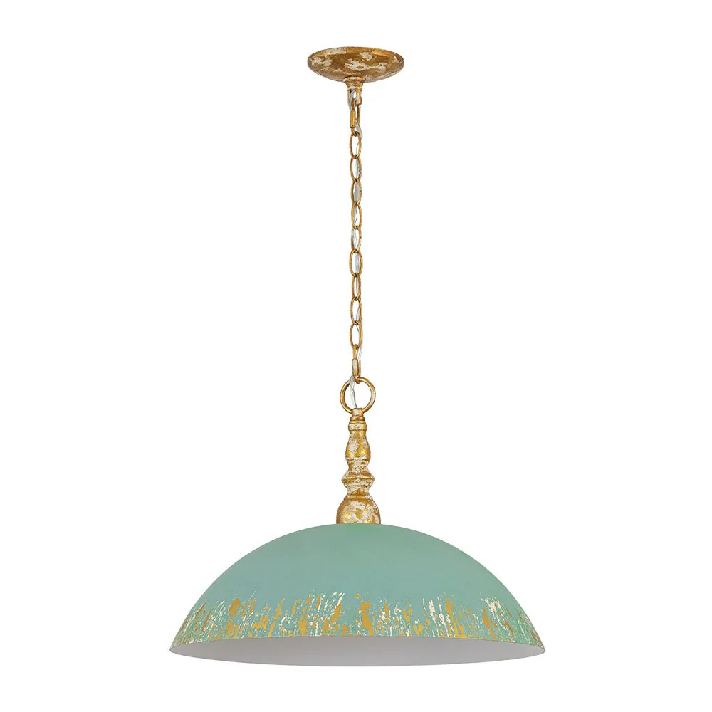 French Country Distressed Teal Gold Flat Dome Metal Pendant - Image 4