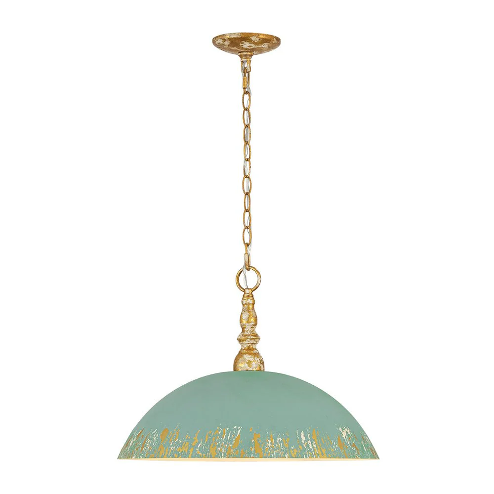 French Country Distressed Teal Gold Flat Dome Metal Pendant - Image 5