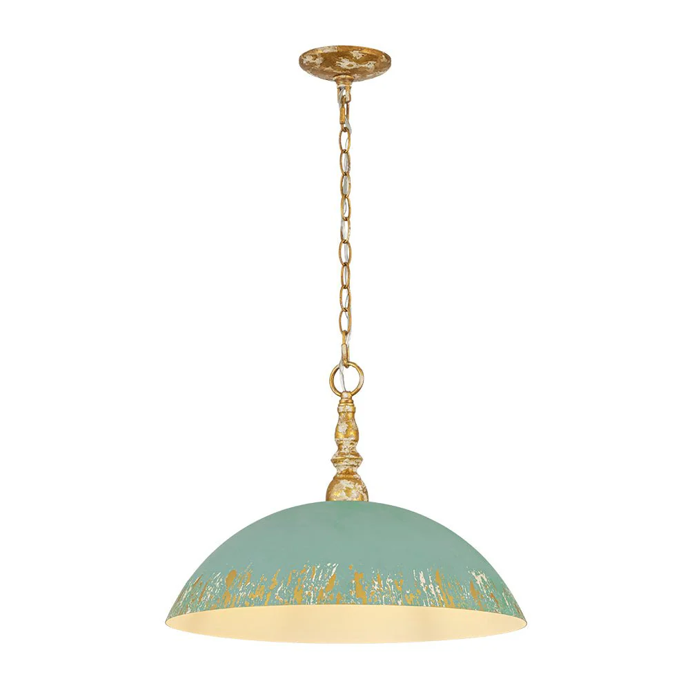 French Country Distressed Teal Gold Flat Dome Metal Pendant - Image 6