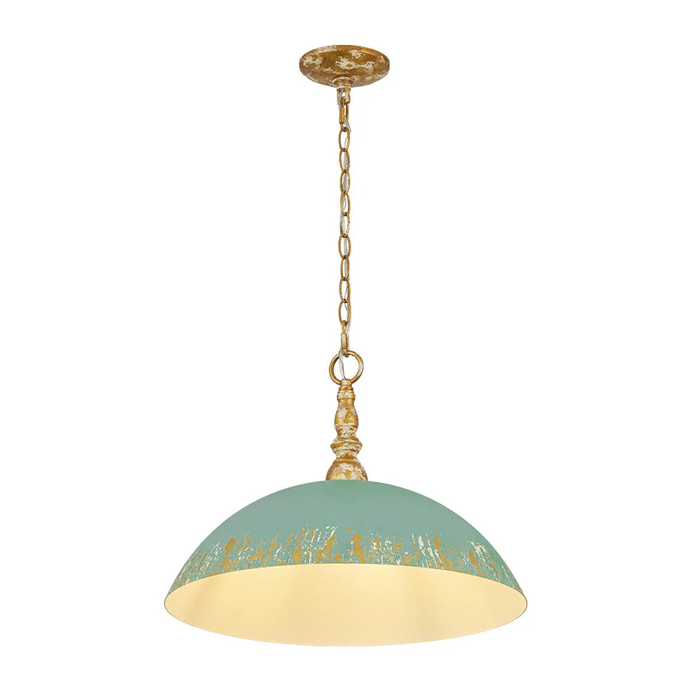 French Country Distressed Teal Gold Flat Dome Metal Pendant - Image 7