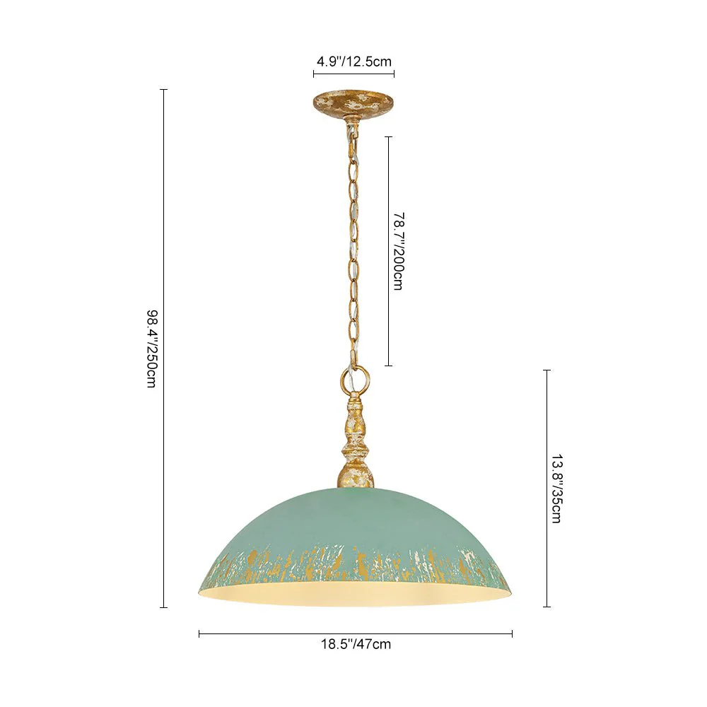 French Country Distressed Teal Gold Flat Dome Metal Pendant - Image 8