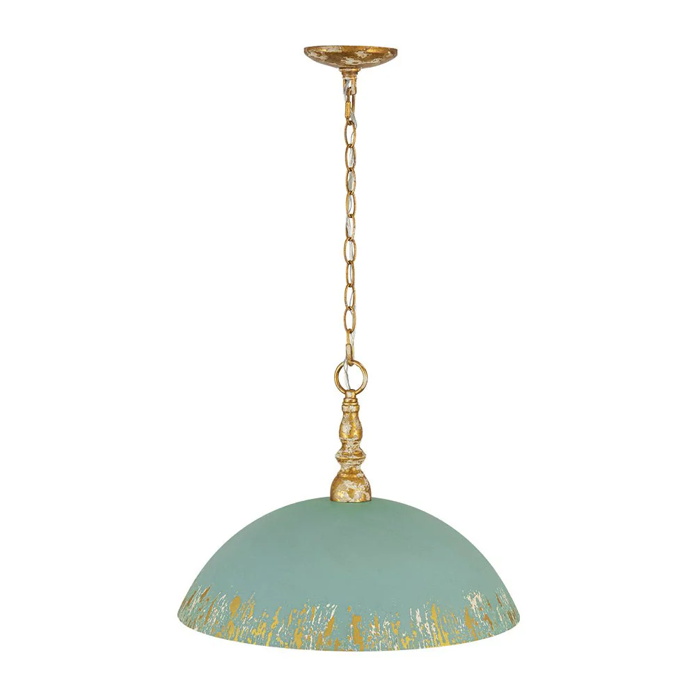 French Country Distressed Teal Gold Flat Dome Metal Pendant - Image 9