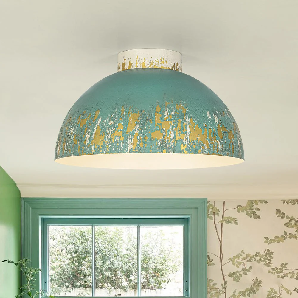 French Country Weathered Gilded Patina Teal Dome Flush Mount