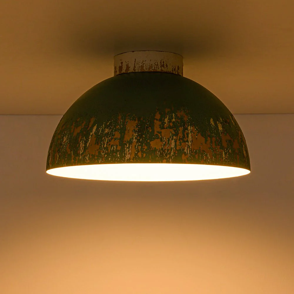 French Country Weathered Gilded Patina Teal Dome Flush Mount - Image 14