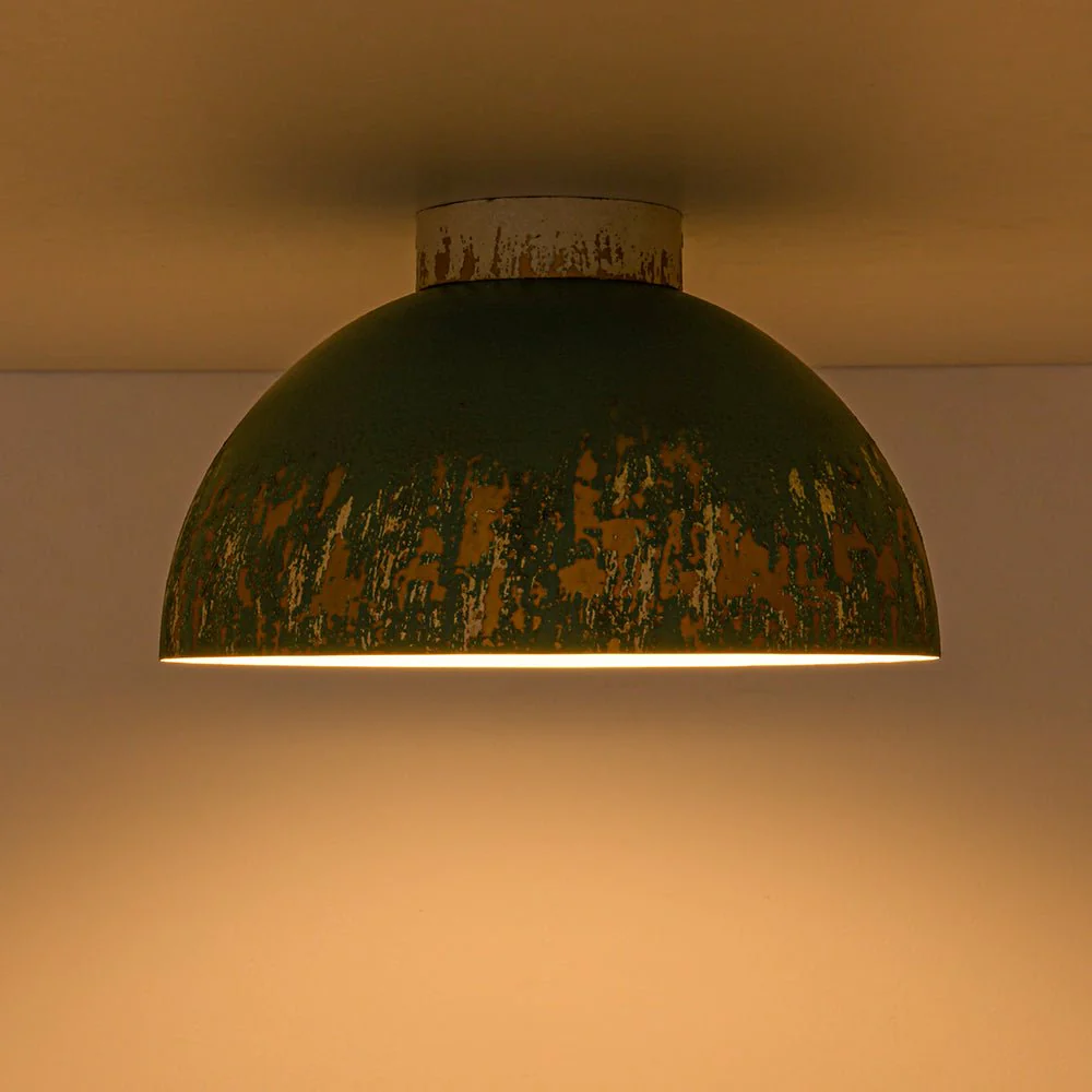 French Country Weathered Gilded Patina Teal Dome Flush Mount - Image 15