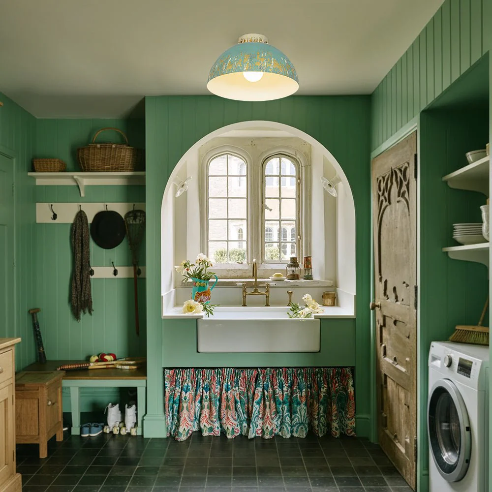 French Country Weathered Gilded Patina Teal Dome Flush Mount - Image 2