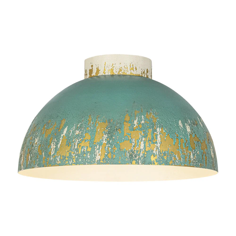 French Country Weathered Gilded Patina Teal Dome Flush Mount - Image 3