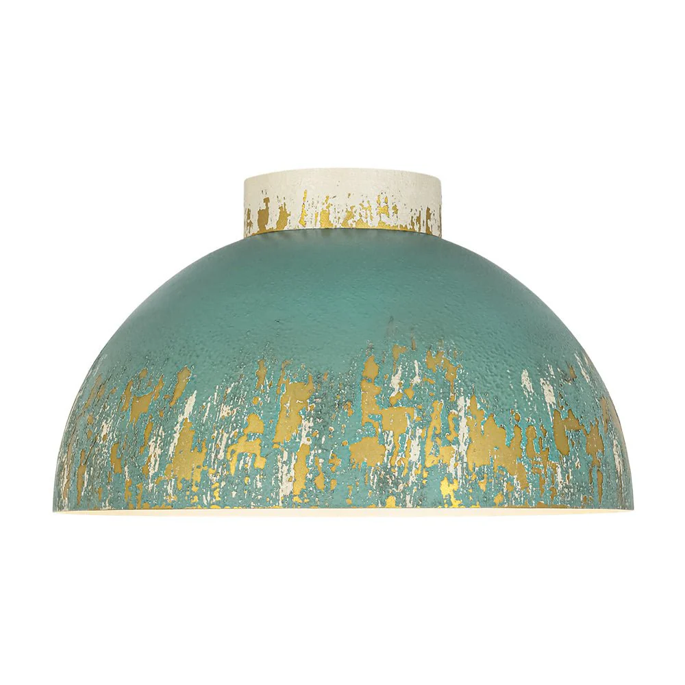 French Country Weathered Gilded Patina Teal Dome Flush Mount - Image 5