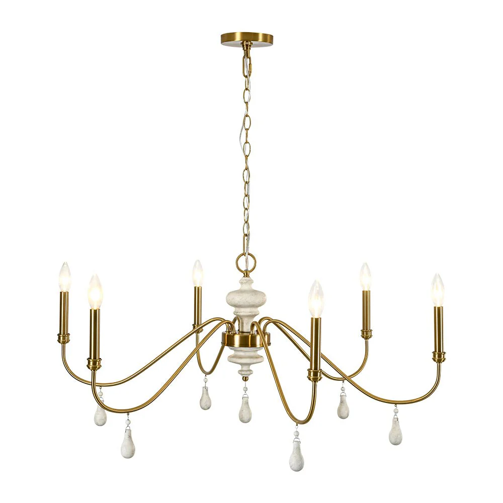 French Country White Wood Brass Iron Candle Chandelier - Image 10