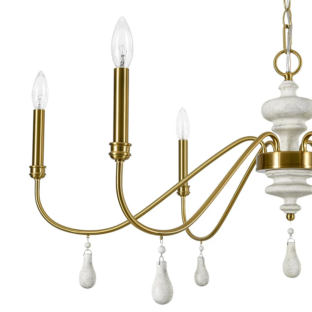 French Country White Wood Brass Iron Candle Chandelier - Image 11