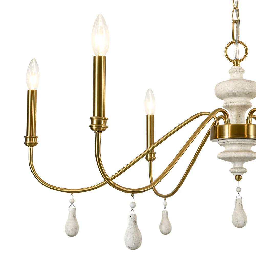 French Country White Wood Brass Iron Candle Chandelier - Image 12