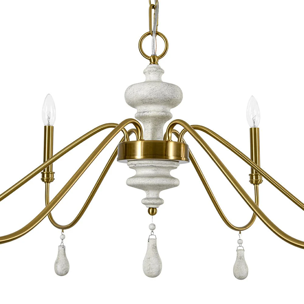 French Country White Wood Brass Iron Candle Chandelier - Image 13