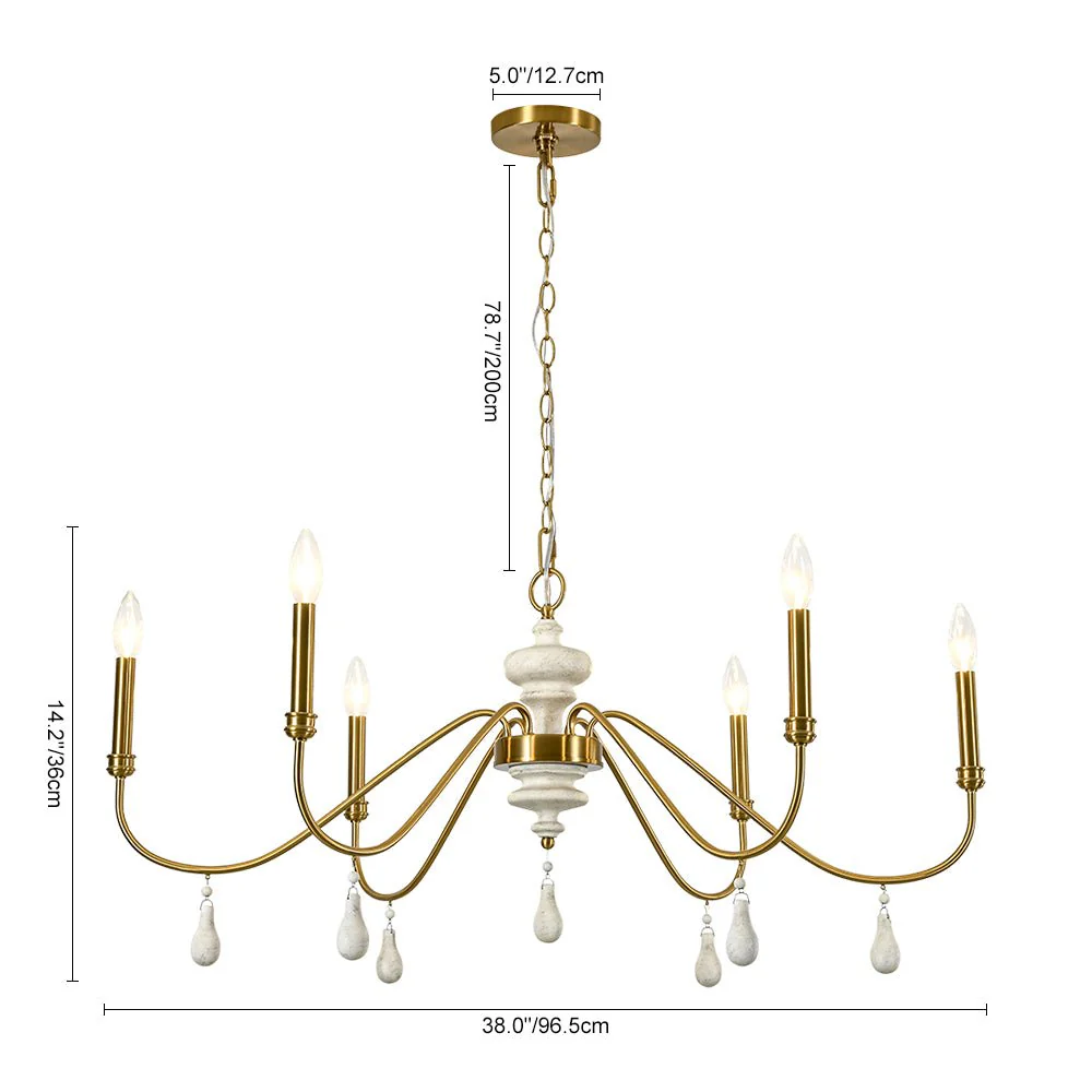 French Country White Wood Brass Iron Candle Chandelier - Image 3