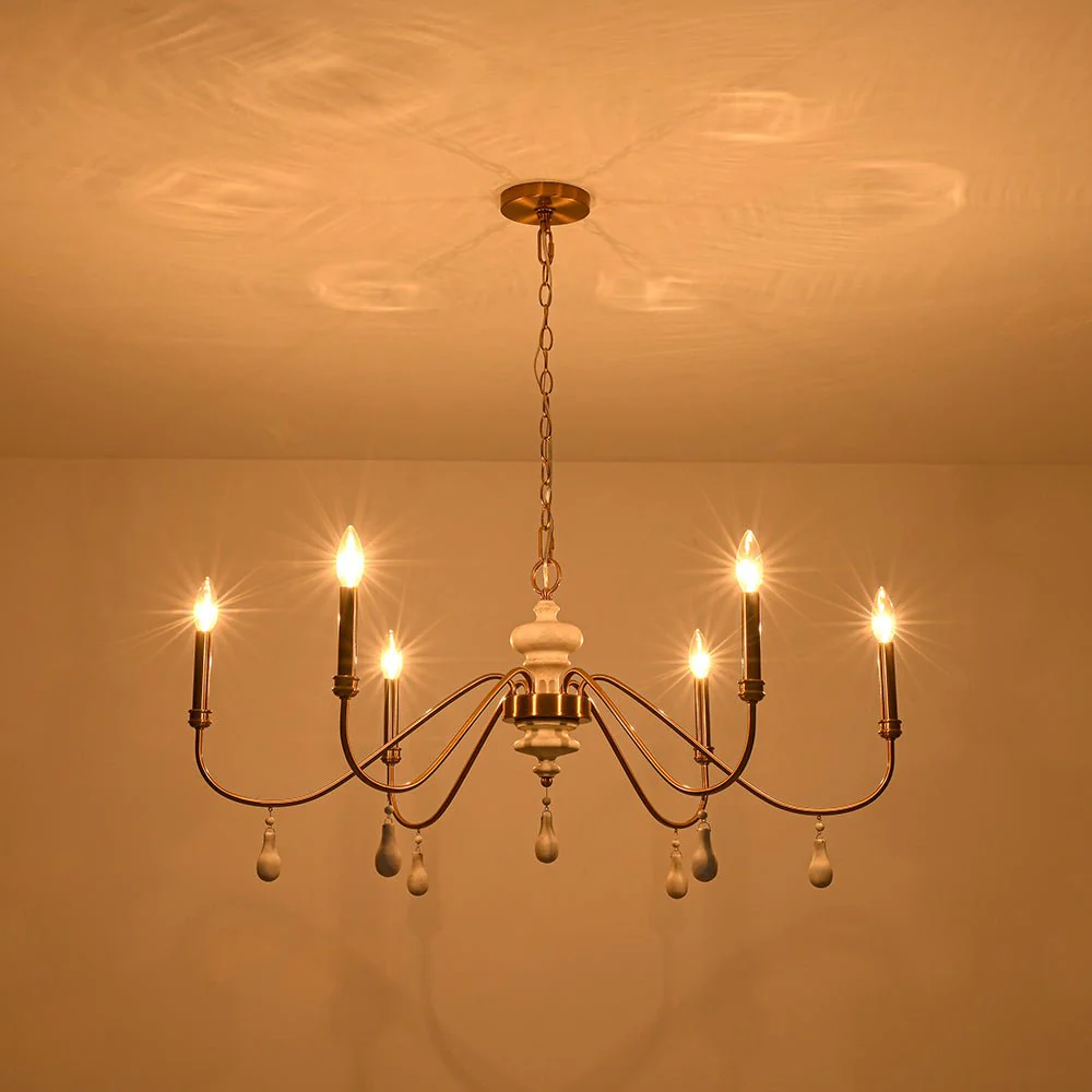French Country White Wood Brass Iron Candle Chandelier - Image 4