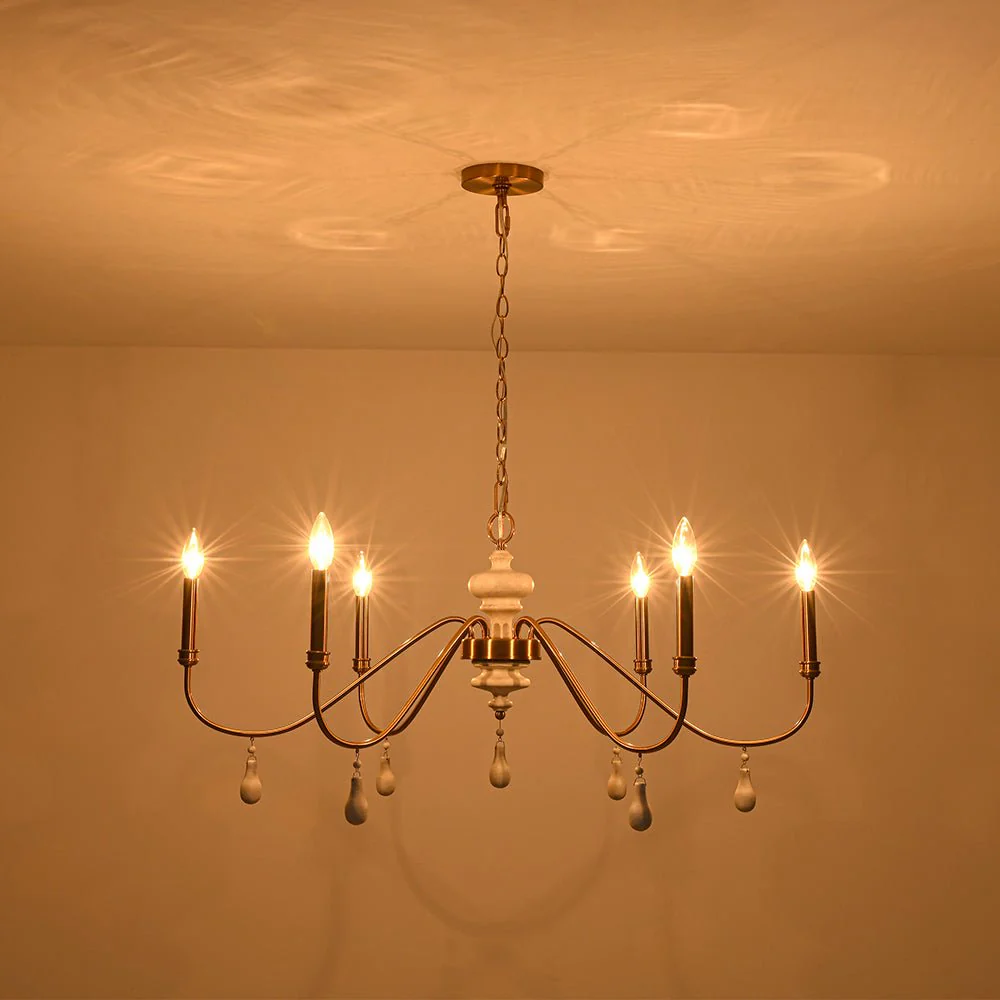 French Country White Wood Brass Iron Candle Chandelier - Image 5
