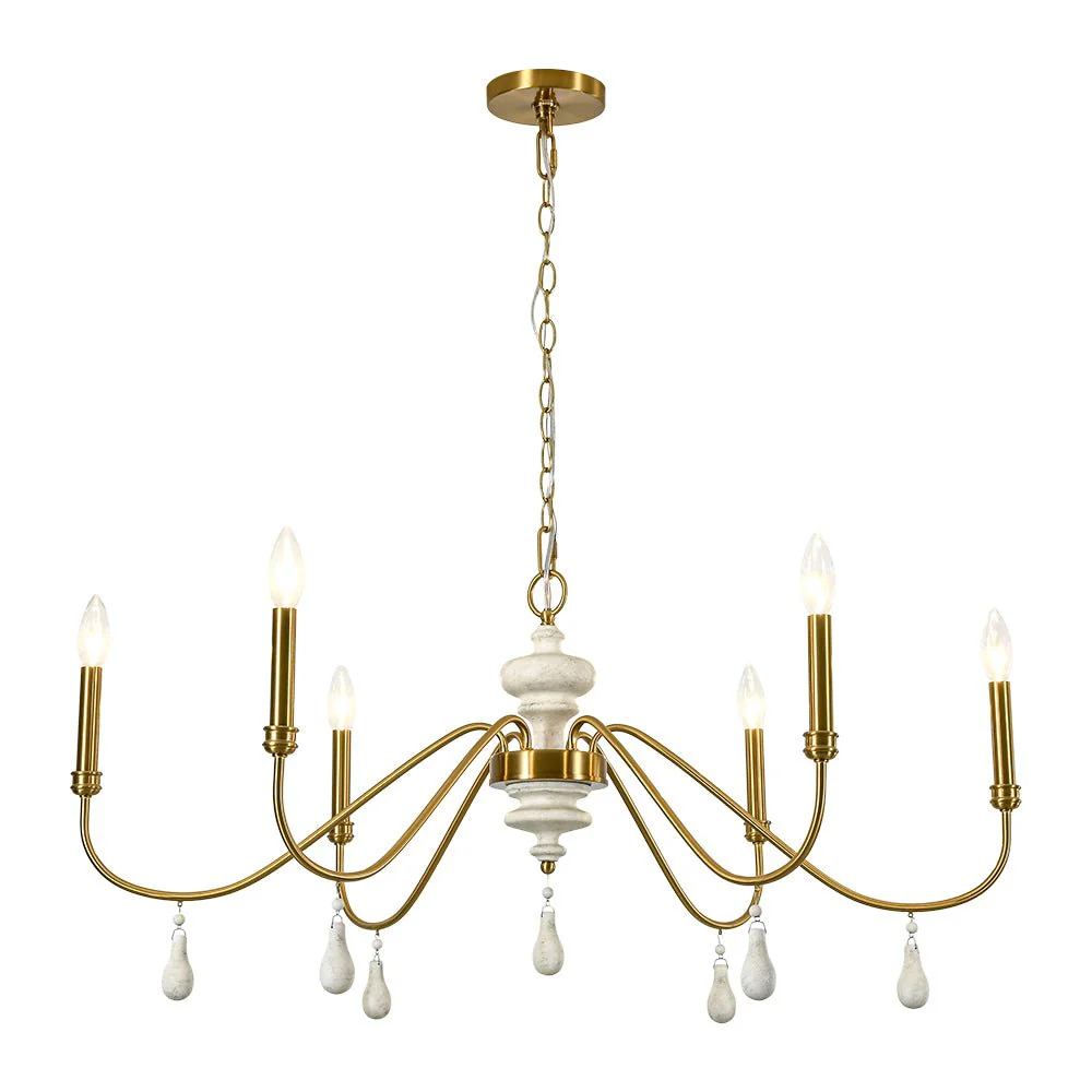 French Country White Wood Brass Iron Candle Chandelier - Image 6