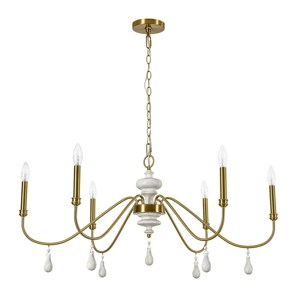 French Country White Wood Brass Iron Candle Chandelier - Image 7