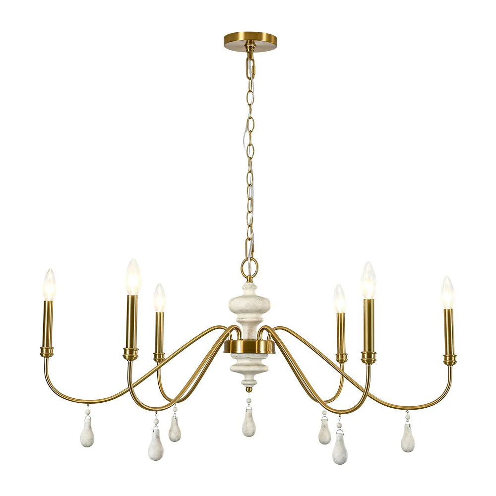 French Country White Wood Brass Iron Candle Chandelier - Image 8