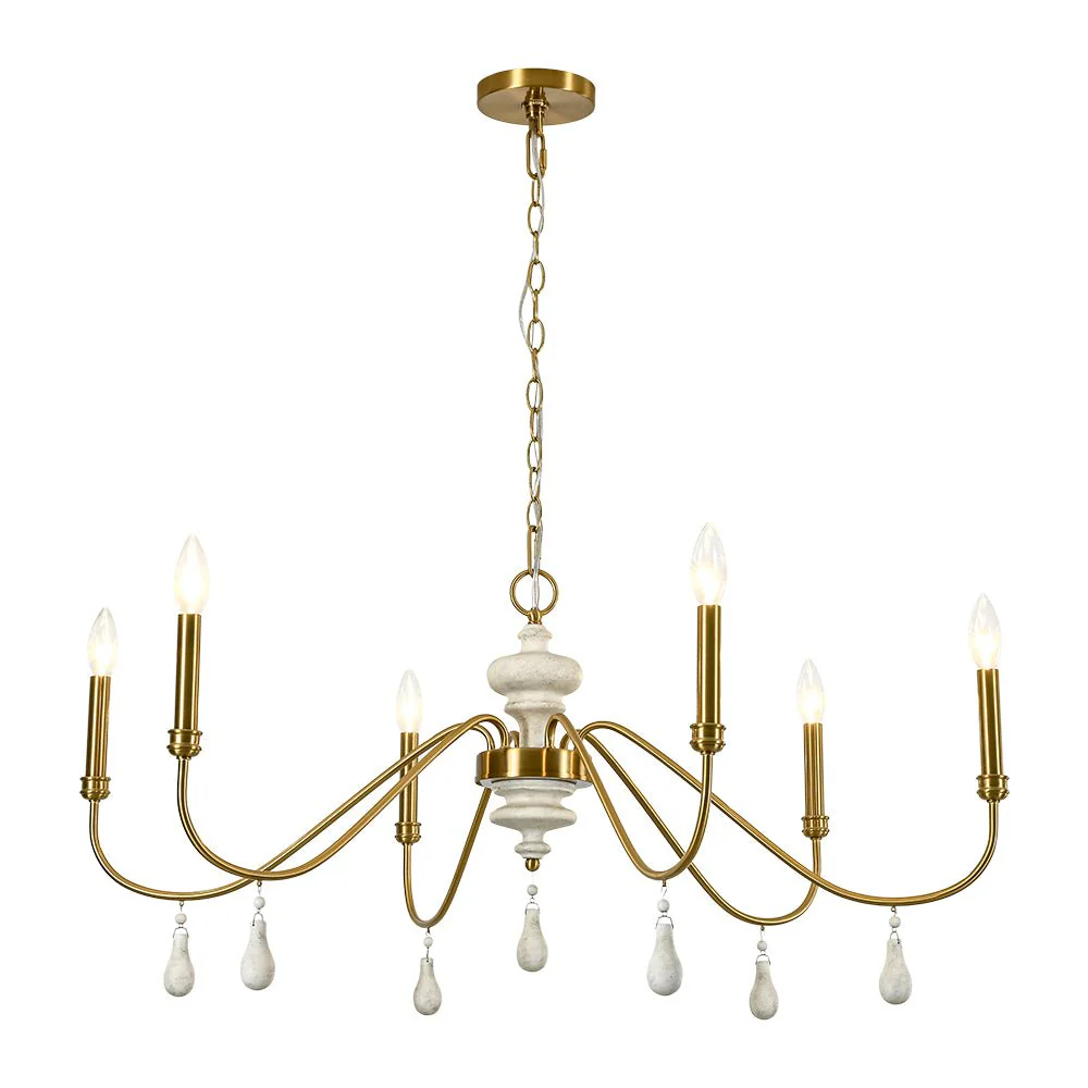 French Country White Wood Brass Iron Candle Chandelier - Image 9