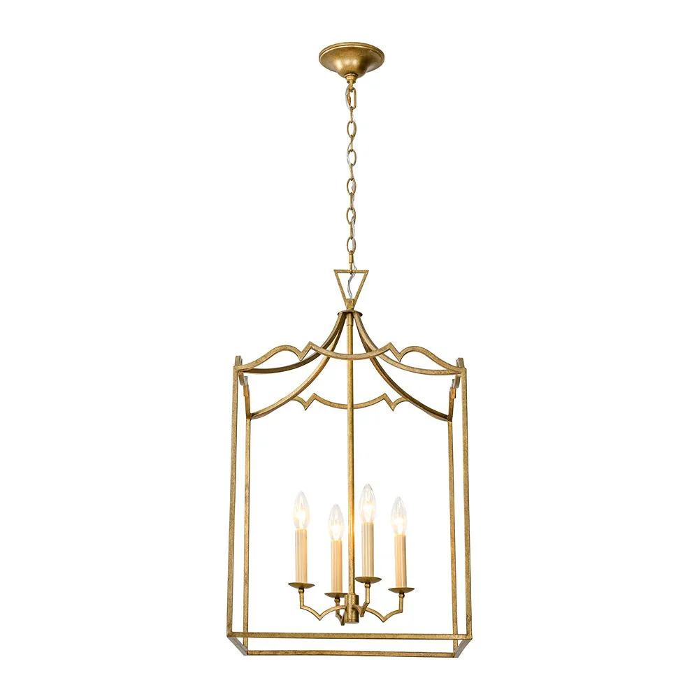 French Distressed Gold Candle Square Lantern Chandelier - Image 10