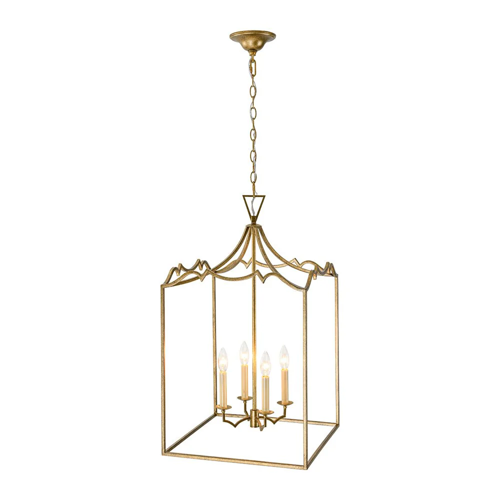 French Distressed Gold Candle Square Lantern Chandelier - Image 11