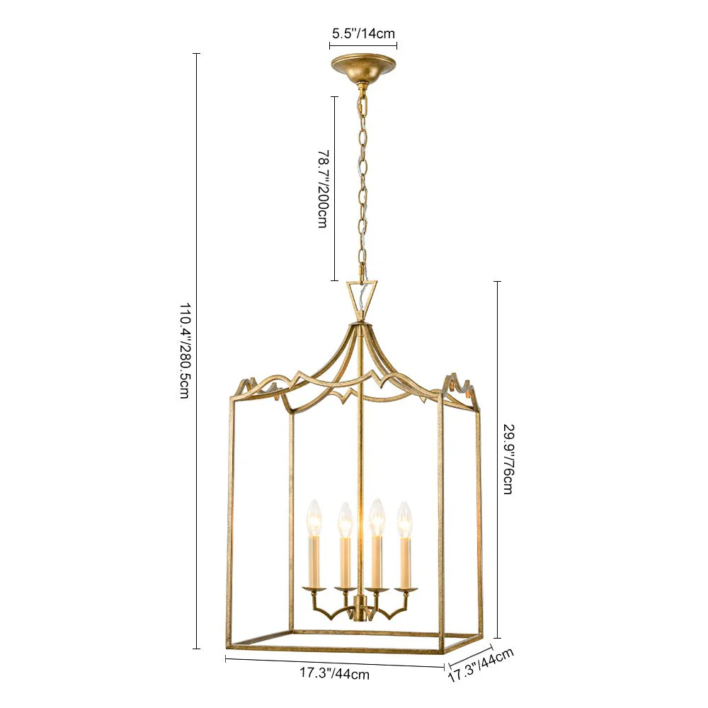 French Distressed Gold Candle Square Lantern Chandelier - Image 3