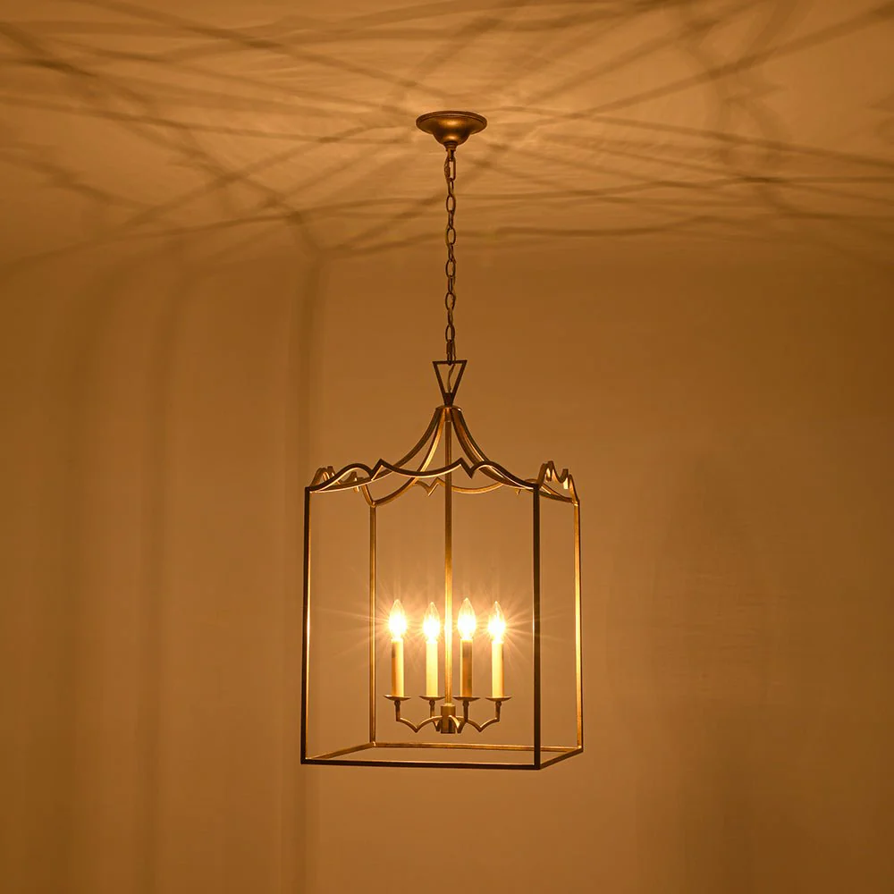 French Distressed Gold Candle Square Lantern Chandelier - Image 4