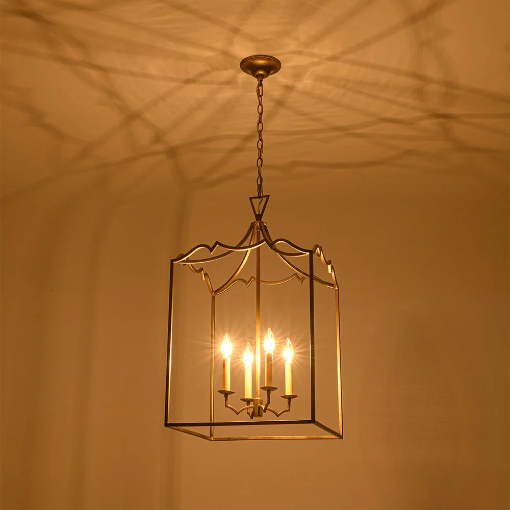 French Distressed Gold Candle Square Lantern Chandelier - Image 5