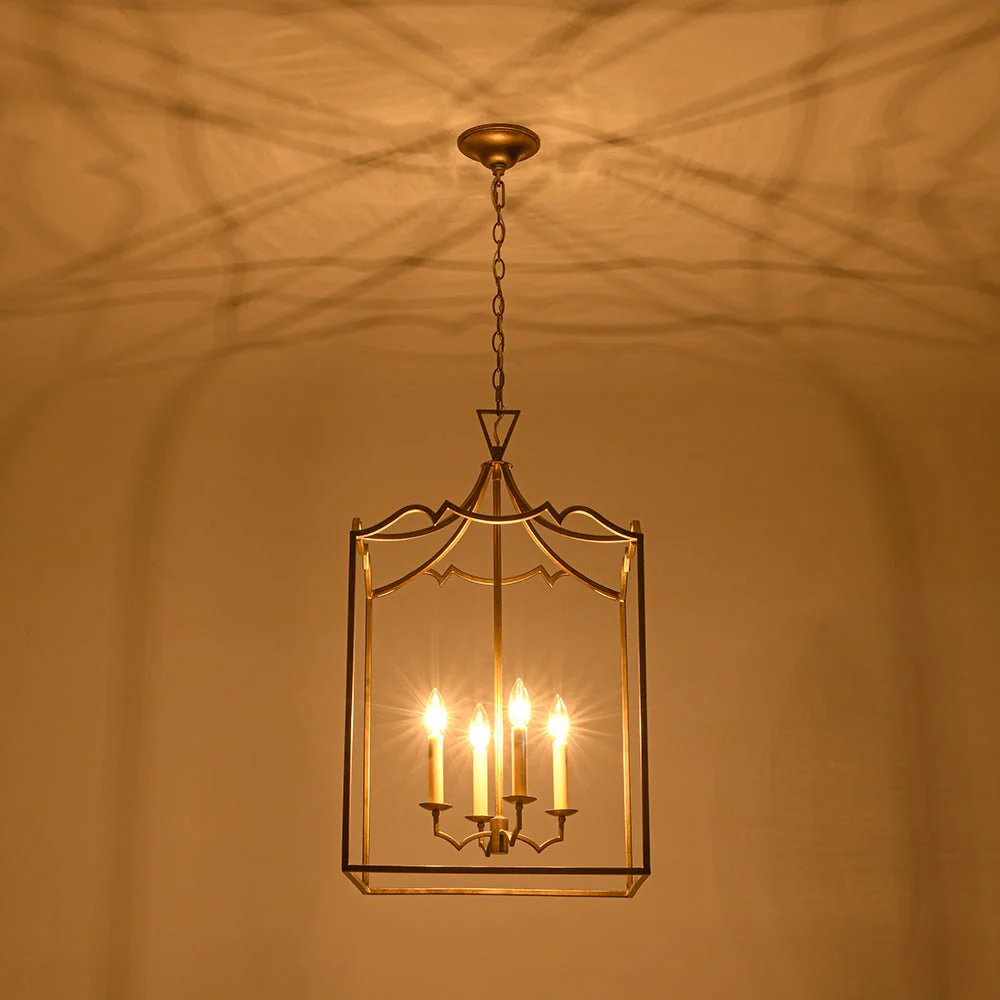French Distressed Gold Candle Square Lantern Chandelier - Image 6