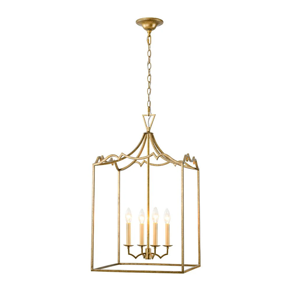 French Distressed Gold Candle Square Lantern Chandelier - Image 7