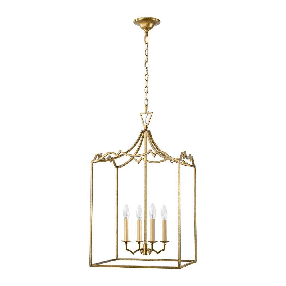 French Distressed Gold Candle Square Lantern Chandelier - Image 8