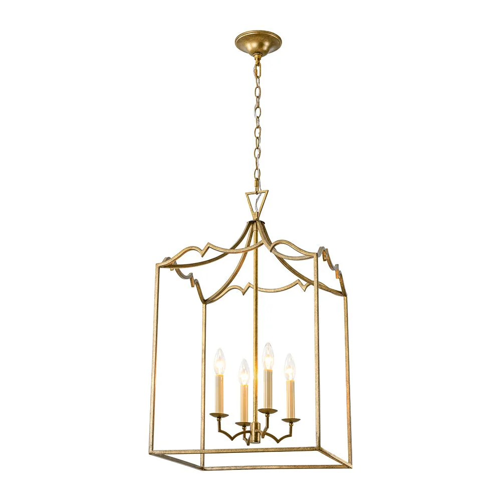 French Distressed Gold Candle Square Lantern Chandelier - Image 9