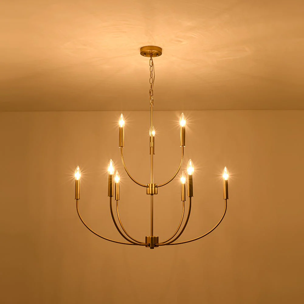 French Farmhouse Brass 2-Tier Candle Style Chandelier - Image 9