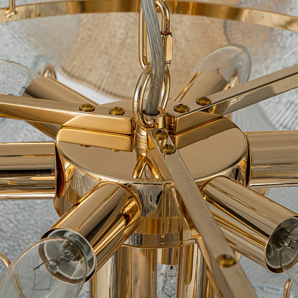 French Gold Layered Ginkgo Leaf Textured Glass Chandelier - Image 11